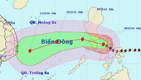 Hướng di chuyển của bão Hagupit. Ảnh: Trung tâm DBKTTV Trung ương
