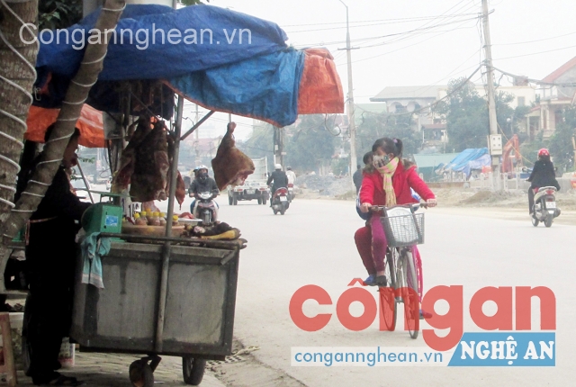 Thực phẩm tươi sống được các hộ dân bày bán ở vỉa hè  mà không có dụng cụ đuổi ruồi, nhặng, che đậy khỏi khói bụi ô nhiễm