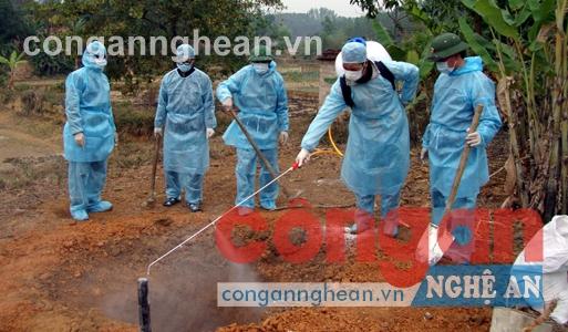 Bộ phận thú y phun thuốc tiêu độc, khử trùng ở địa bàn bị nhiễm dịch bệnh
