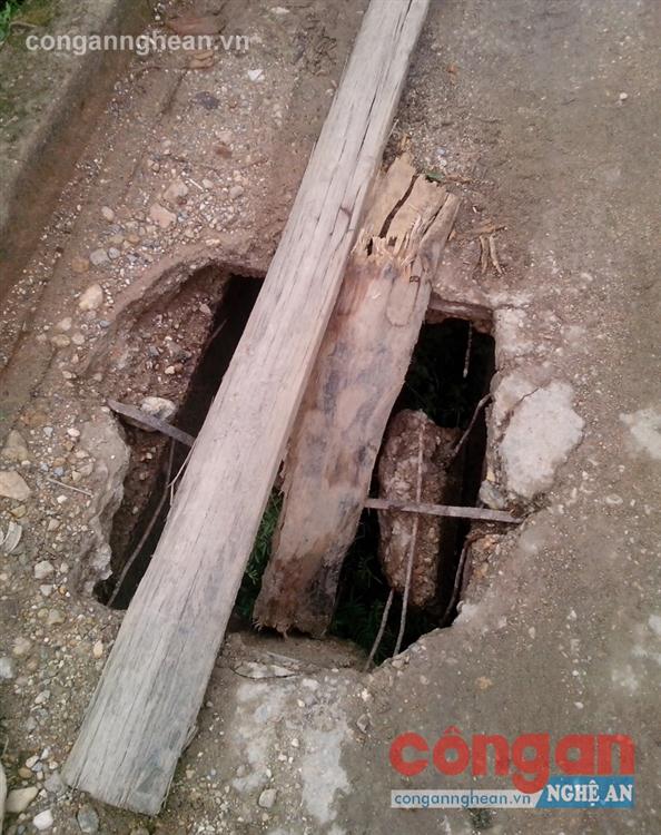 Mặt cầu bị bong tróc, tạo thành hố, được gia cố bằng thân cây