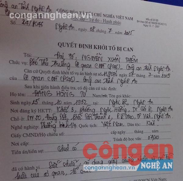 Quyết định khởi tố bị can                    đối với Đặng Hồng Tư   