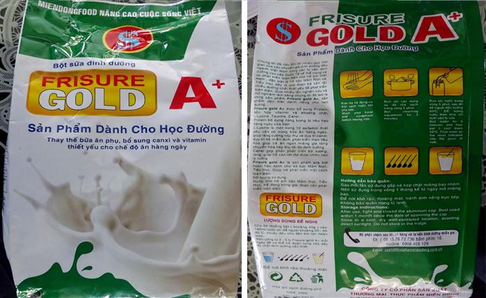 Mặt trước và sau của sản phẩm Frisure Gold A+ mà các trường mầm non trên địa bàn huyện Tân Kỳ sử dụng trong hơn 1 năm qua