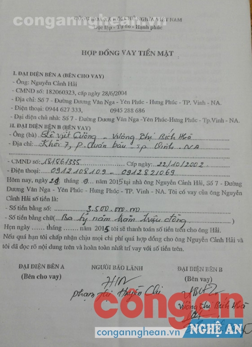 Hợp đồng vay 3,5 tỉ đồng do Phạm Thị Huyền Chi đứng ra bảo lãnh