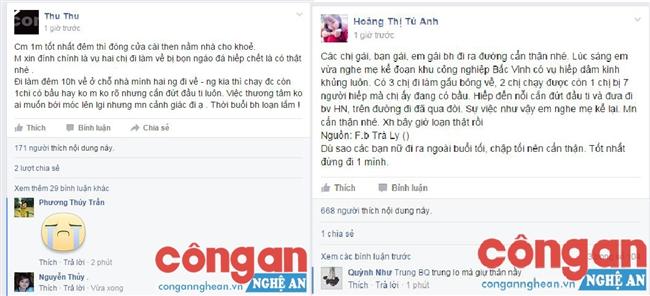 Một số trang Facebook dẫn lại tin đồn về vụ hiếp dâm tập thể