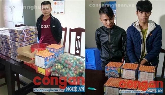 Các đối tượng và tang vật pháo nổ bị Công an huyện Diễn Châu thu giữ