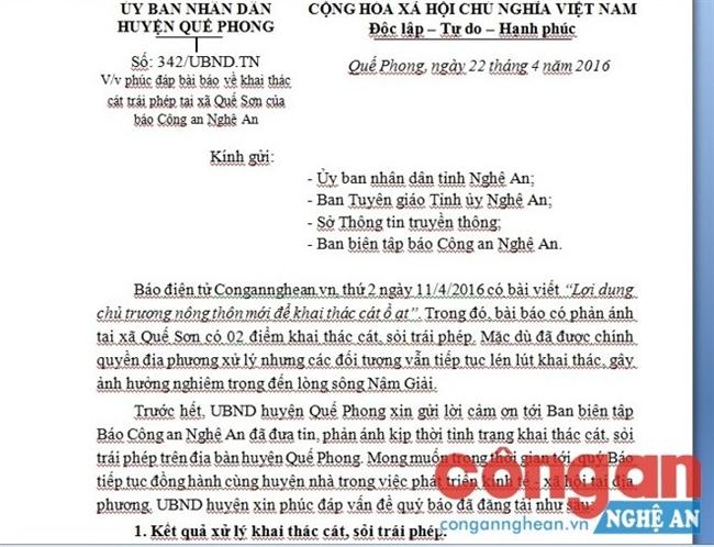 Văn bản trả lời của UBND huyện Quế Phong trả lời vấn đề báo đăng gửi các cơ quan chức năng và báo Công an Nghệ An
