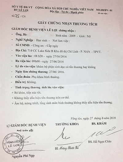 Kết luận giám định y khoa của Bệnh viện Lê Lợi đối với cháu T.