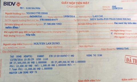 Giấy chuyển tiền chị Dung gửi tại ngân hàng BIDV