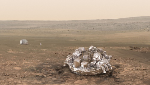 Hình ảnh mô phỏng tàu đổ bộ Schiaparelli khi hạ cánh lên bề mặt sao Hỏa. Ảnh: European Space Agency/ATG Medialab.