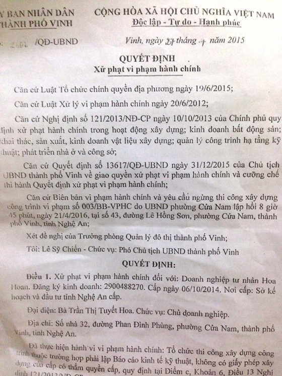 Quyết định xử phạt hành chính của UBND TP Vinh đối với DNTN Hoa Hoan
