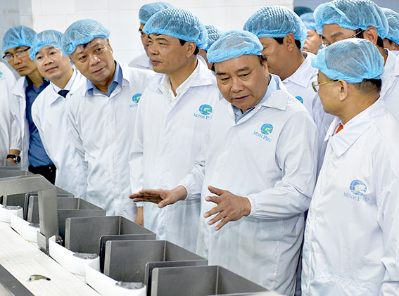Thủ tướng đánh giá cao nỗ lực của Công ty khi trở thành đơn vị sản xuất, xuất khẩu tôm hàng đầu thế giới. Ảnh: VGP Thủ tướng đánh giá cao nỗ lực của Công ty khi trở thành đơn vị sản xuất, xuất khẩu tôm hàng đầu thế giới. Ảnh: VGP