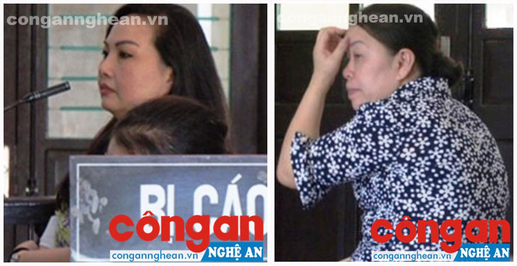 Các bị cáo Dương Thị An và Trần Thị Hồng Hoa tại phiên tòa sơ thẩm
