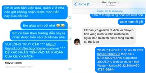 Đoạn chat giả danh người thân chuyển tiền và tin nhắn thông báo đã chuyển tiền do các đối tượng lừa đảo tự soạn và gửi cho bị hại.
