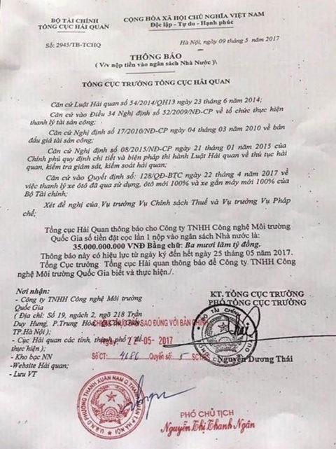 Thông báo số 2945/TB-TCHQ ngày 9-5, văn bản giả mạo Tổng cục Hải Quan - Ảnh: Tổng cục Hải Quan cung cấp