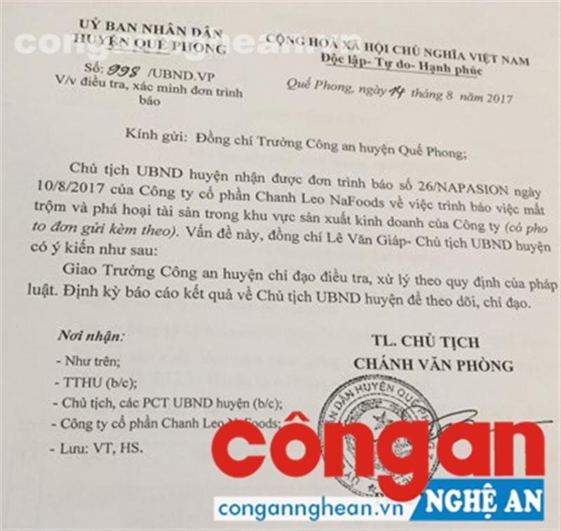 UBND huyện Quế Phong chỉ đạo cơ quan Công an vào cuộc điều tra
