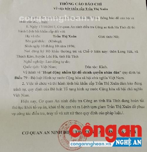 Lệnh bắt khẩn cấp Trần Thị Xuân (ảnh Công an Hà Tĩnh)