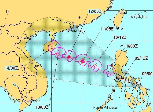 Dự báo của Hải quân Mỹ về vị trí và đường đi của bão.