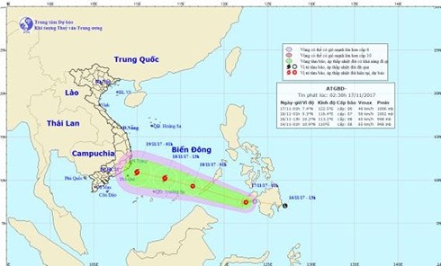 Dự báo vị trí và hướng đi của áp thấp nhiệt đới. Nguồn: Trung tâm Dự báo Khí tượng thủy văn Trung ương.