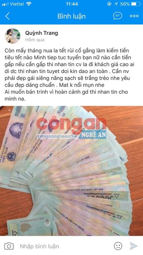 Đối tượng Giang đăng tuyển thông tin gái bán dâm bằng tài khoản zalo