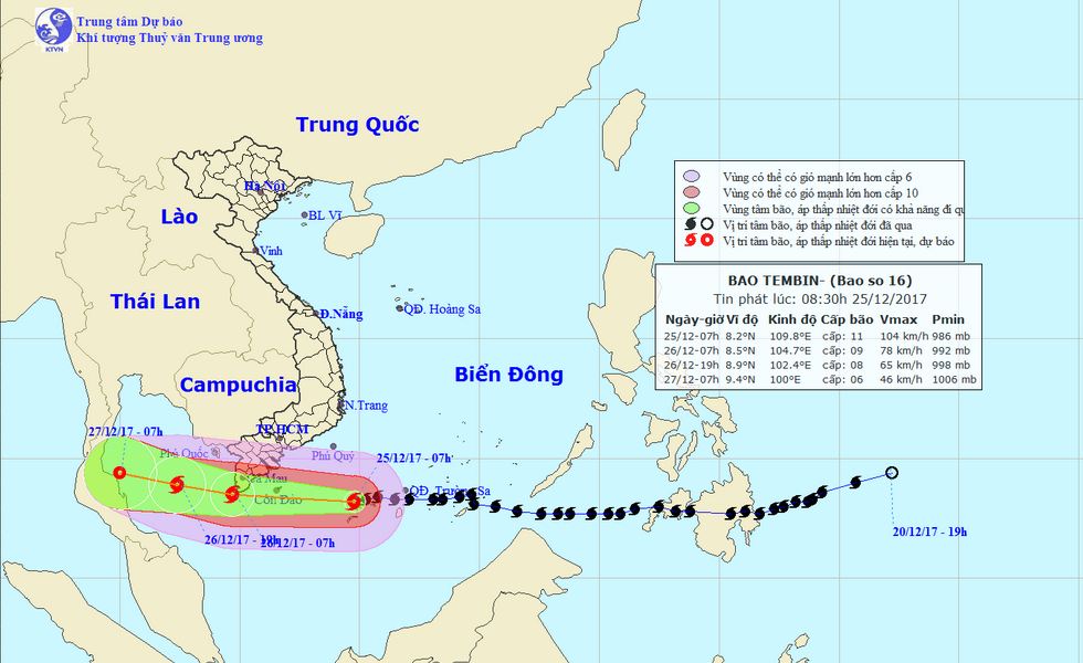 Hướng đi của cơn bão số 16 (Nguồn: Trung tâm khí tượng thủy văn quốc gia)