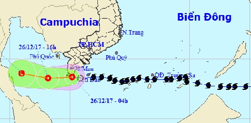 Hướng di chuyển của áp thấp nhiệt đới gần bờ. Ảnh: Trung tâm DBKTTV Trung ương