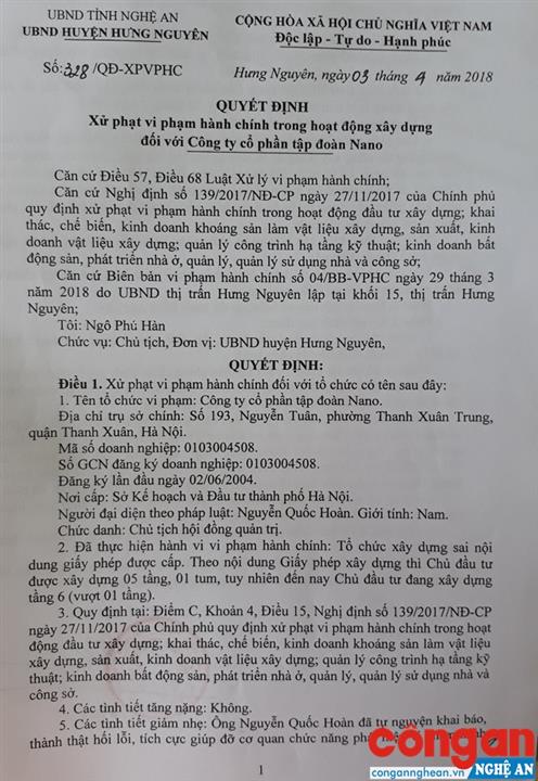 Quyết định xử phạt vi phạm hành chính trong lĩnh vực xây dựng đối với  Công ty CP tập đoàn Nano