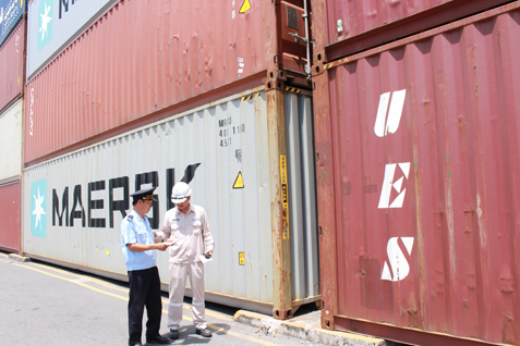 Cán bộ Chi cục Hải quan cửa khẩu Cái Mép kiểm tra các container tồn đọng tại cảng Tân Cảng-Cái Mép (TCIT).