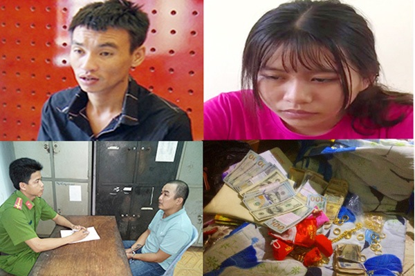 Các đối tượng Phương, Thảo, Sang cùng tang vật thu giữ.