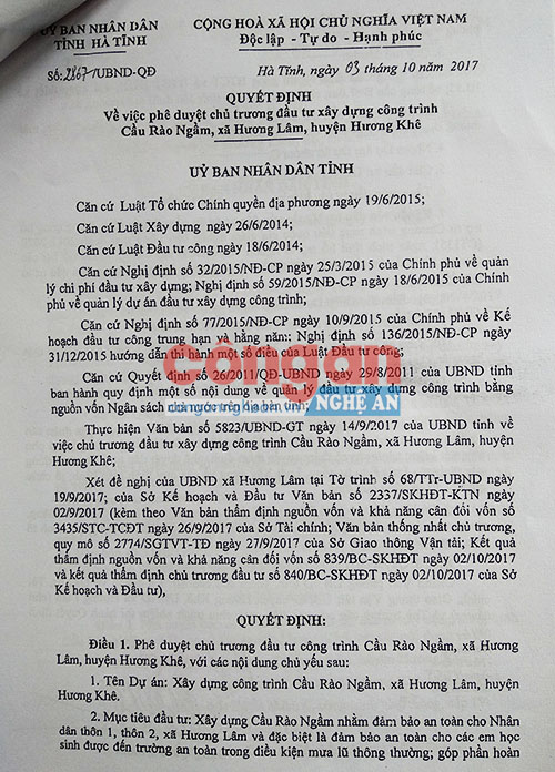 Quyết định của UBND tỉnh Hà Tĩnh giao cho xã Hương Lâm làm chủ đầu tư dự án hơn 20 tỉ đồng