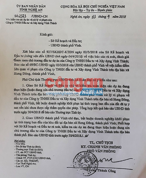  Văn bản chỉ đạo của UBND tỉnh về việc khôi phục tình trạng ban đầu của đất do doanh nghiệp đã tự ý san lấp