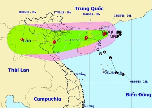 Đến 10 giờ ngày 17/8, vị trí tâm bão ở khoảng 19,9 độ Vĩ Bắc; 105,8 độ Kinh Đông, trên bờ biển các tỉnh từ Hải Phòng đến Nghệ An.