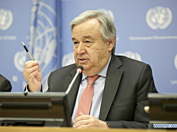 Tổng Thư ký Liên hợp quốc Antonio Guterres phát biểu tại một cuộc họp báo ở New York, Mỹ.