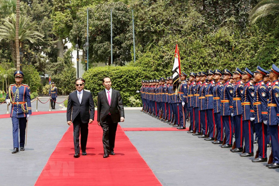 : Tổng thống Ai Cập Abdel Fattah Al Sisi và Chủ tịch nước Trần Đại Quang tại lễ đón.  