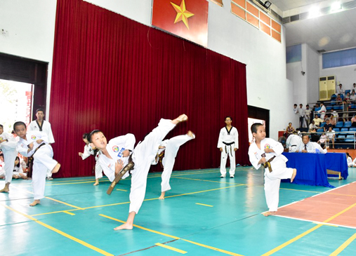Các võ sinh thực hiện các bài quyền căn bản của môn Taekwondo. 