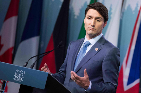 Thủ tướng Canada Justin Trudeau  trong cuộc họp báo tại Quebec ngày 9-6. 