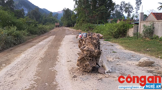 Người dân xóm Đại Đồng dùng gốc cây, đá hộc chắn 1/2 đường vào mỏ