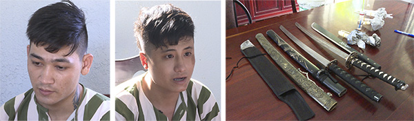 Từ trái qua: Đối tượng Bùi Thành Lâm, Trần Tuấn Anh và tang vật vụ án tại cơ quan công an.