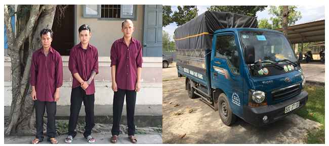 Tên Trần Văn Thế (ngoài cuàng bên trái) cùng các đối tượng và phương tiện gây án