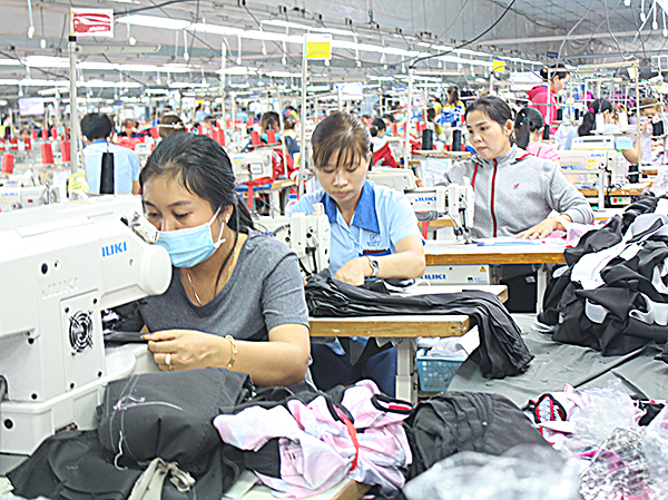 Sản xuất quần áo xuất khẩu tại Công ty TNHH May Tân Mỹ (CCN Hắc Dịch, TX. Phú Mỹ). Ảnh: VÂN ANH