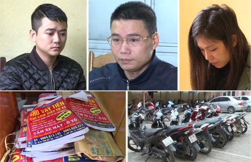 (Từ trái qua phải) các đối tượng Cao Xuân Thu, Đỗ Văn Thái, Đỗ Nguyễn Minh Tân cùng một số tang vật liên quan