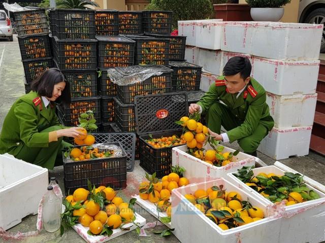 Lực lượng chức năng kiểm tra  số hoa quả bị tạm giữ