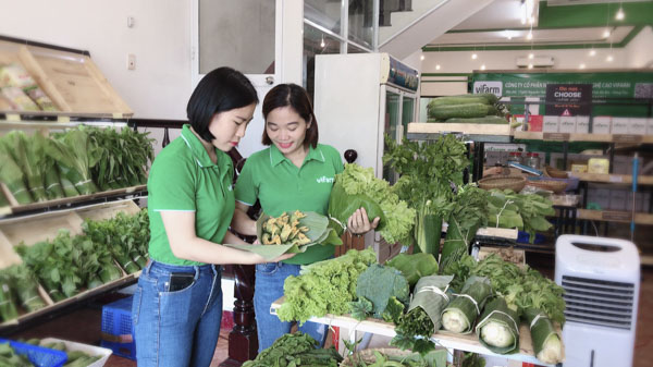 Vifarm là cửa hàng thực phẩm đầu tiên tại Vũng Tàu gói rau, củ, quả bằng lá chuối.