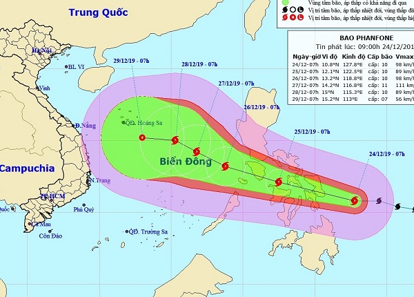 Dự báo vị trí và đường đi của bão PHANFONE. Ảnh NCHMF