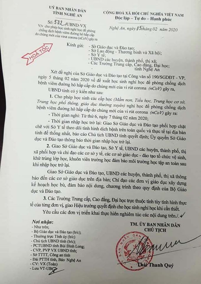 Nội dung công văn của UBND tỉnh về việc cho phép học sinh trên địa bàn toàn tỉnh nghỉ học để phòng chống dịch bệnh viêm đường hô hấp cấp do chủng mới của virus Corona (nCoV) gây ra
