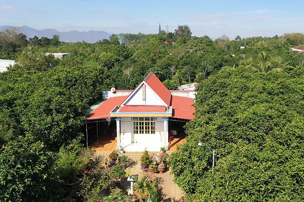 Căn nhà của ông Phạm Thành Minh được xây dựng khá khang trang, nằm xen giữa màu xanh của vườn mận An Phước.