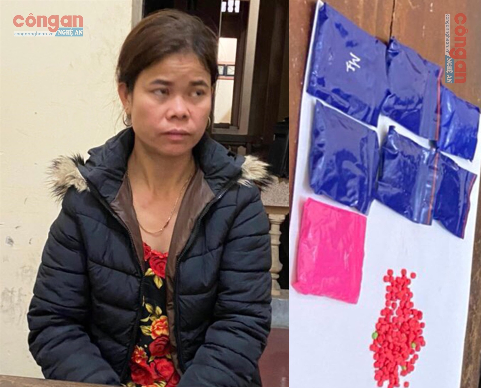 Đối tượng Hà Thị Huệ và tang vật trong Chuyên án NA1219