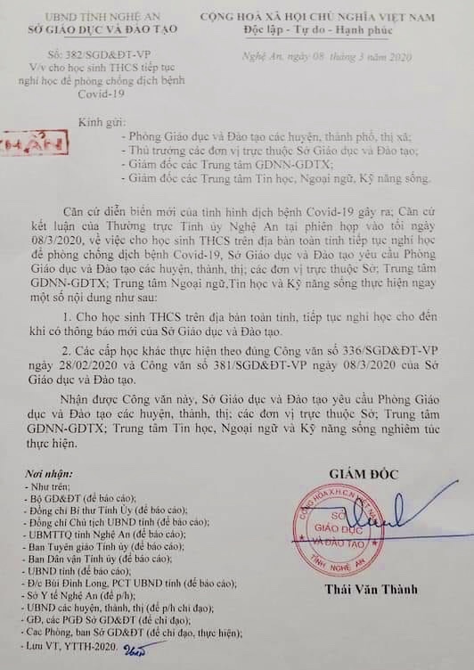 Công văn khẩn của Sở GD&ĐT Nghệ An trong tối 08/3