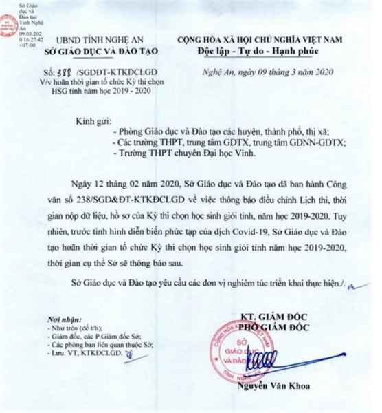 Thông báo của Sở Giáo dục và Đào tạo về việc hoãn Kỳ thi chọn học sinh giỏi tỉnh. 