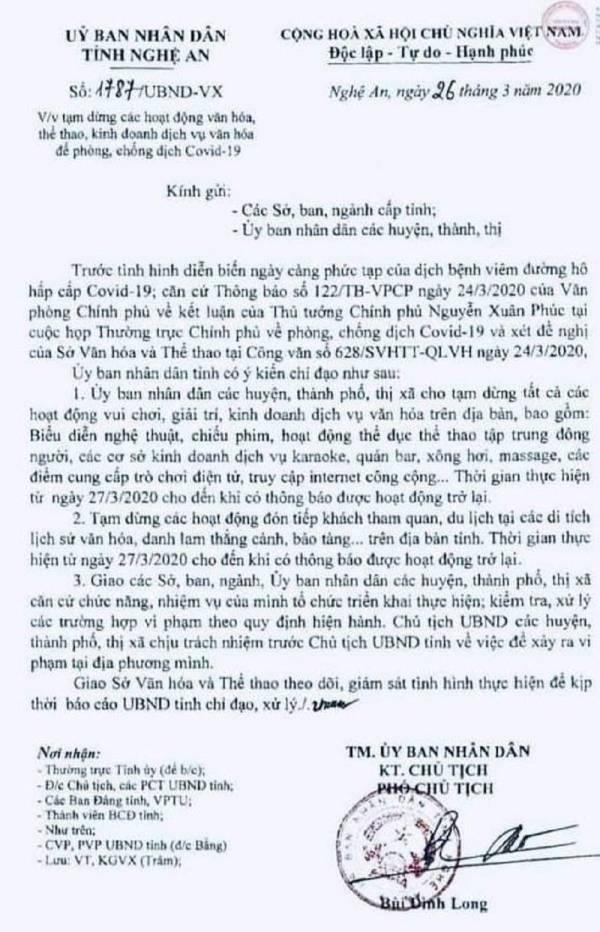 Công văn số 1787/UBND-VX của UBND tỉnh Nghệ An