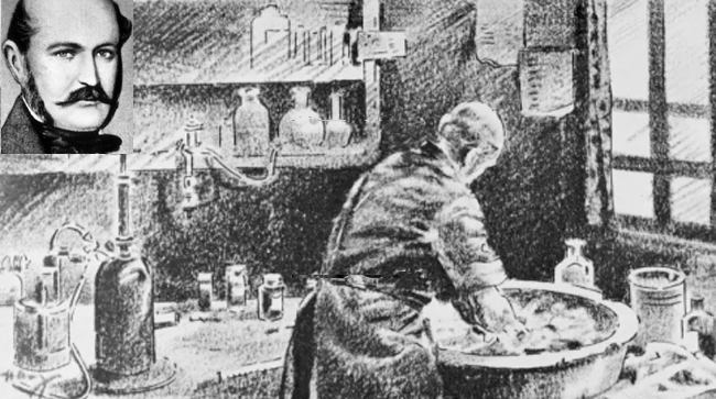 Bác sĩ Semmelweis (phía trên, bên trái) và hình minh họa rửa tay theo phương pháp của ông hồi giữa thế kỷ 19.